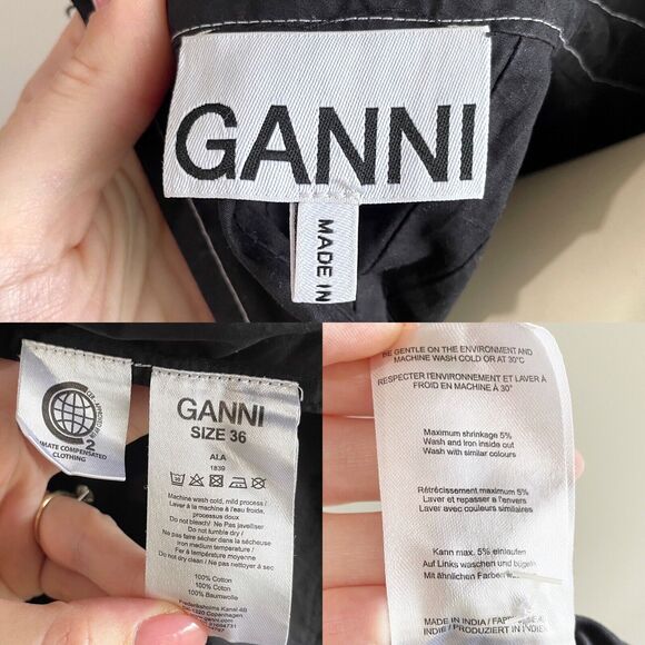 Ganni Women's Black Pintucked Cotton-Poplin Contrast Stitch Dress Size 36 Small - Picture 4 of 16